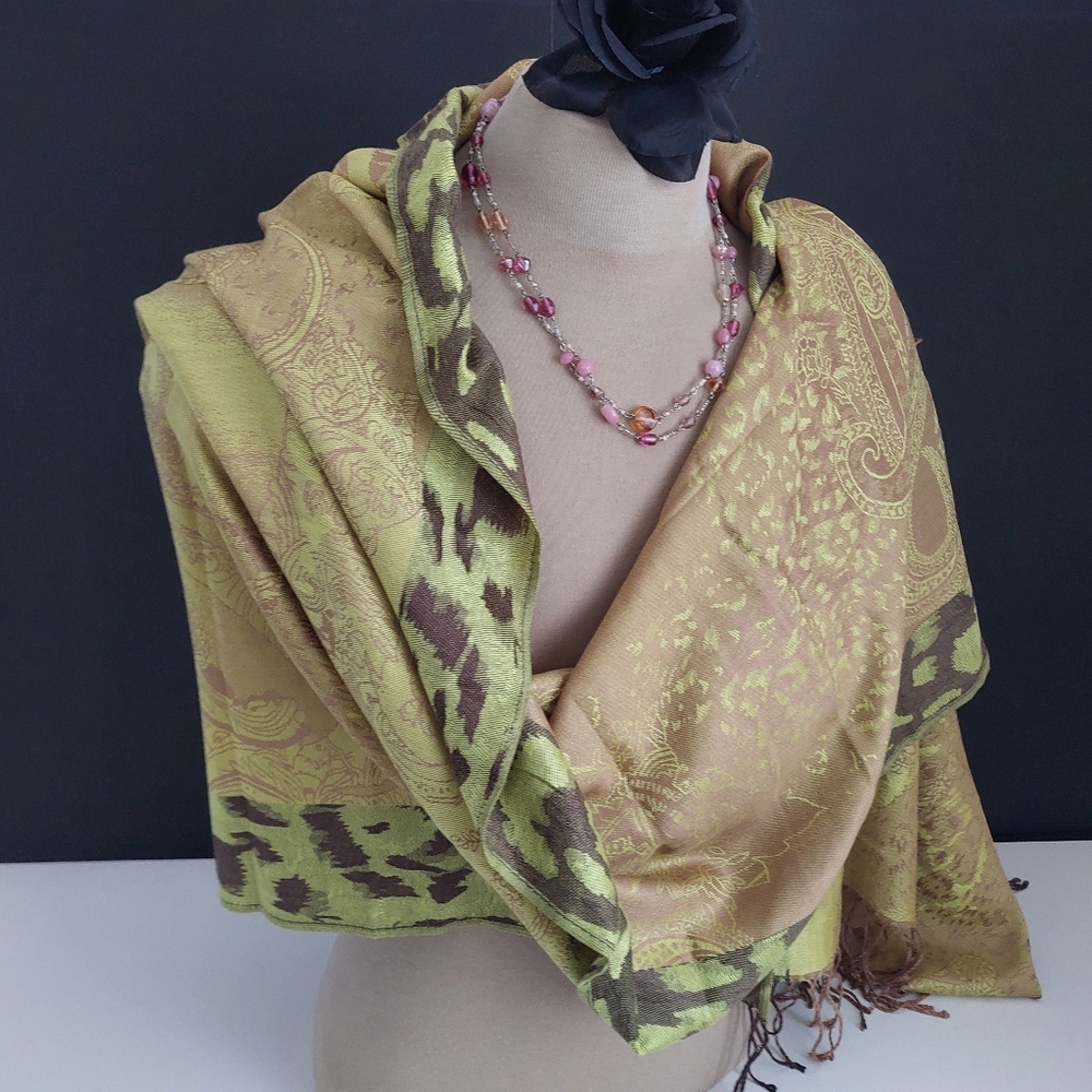 Olive Green Gold Paisley Pashmina Shawl Silk Feel Jacquard Scarf Evening Wrap - Picture 3 of 8